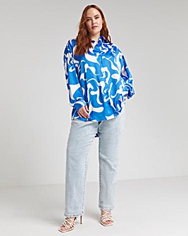 Blue Swirl Print Relaxed Satin Long Sleeve Shirt
