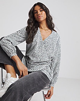Spot Print Tie Front Relaxed Wrap Blouse