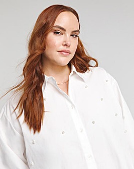 White Pearl Embellished Oversized Poplin Shirt