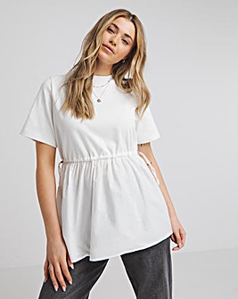 White Jersey Poplin Mix Drawstring Waist Smock Top