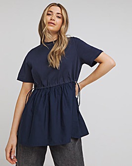 Navy Jersey Poplin Mixed Drawstring Wasit Smock Top