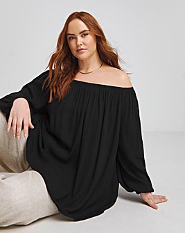 Black Crinkle Long Sleeve Bardot Top