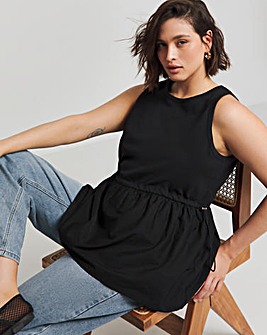 Black Sleeveless Poplin Jersey Mix Tank Top