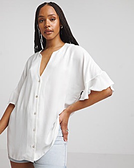 White Hammered Satin Ruffle Through Blouse