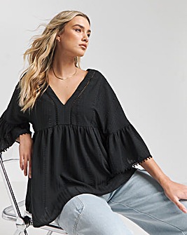 Black V Neck Textured Smock Top