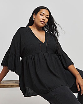 Black V Neck Textured Smock Top