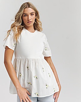 Ecru Embroidered Floral Jersey Poplin Mix Peplum Top