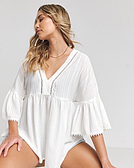 Ivory V Neck Textured Ruffle Smock Blouse