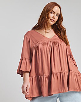 Terracotta Viscose V Neck Tiered Smock Blouse