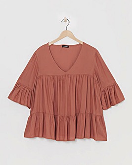 Simply Be Terracotta Viscose V Neck Tiered Smock Blouse