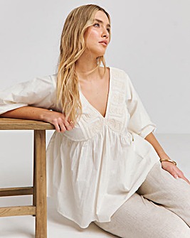 Ivory Embroidered Cornelli V Neck Smock Top