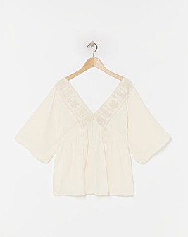 Simply Be Ivory Embroidered Cornelli V Neck Smock Top