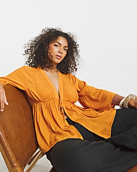 Ochre Crinkle Crochet Trim Tie Waist Blouse