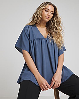 Petrol Blue V Neck Short Sleeve Smock Top