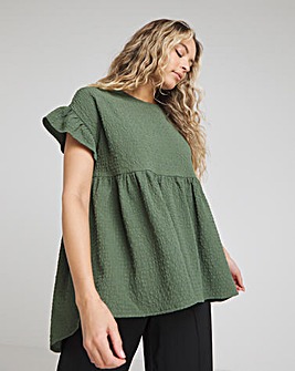 Khaki Short Frill Sleeve Textured Smock Top