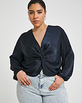 Navy Knot Front Velvet Satin Long Sleeve Blouse