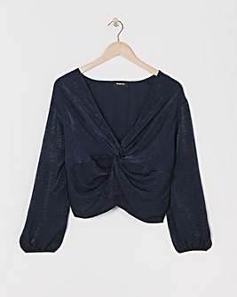 Simply Be Navy Knot Front Velvet Satin Long Sleeve Blouse