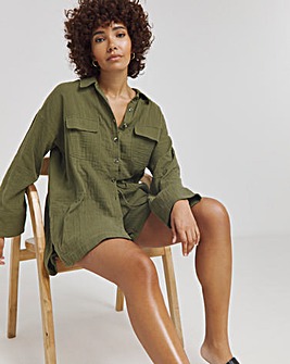 Khaki Cheesecloth Double Pocket Long Sleeve Shirt