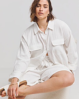 White Cheesecloth Double Pocket Long Sleeve Shirt