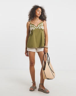 Olive Green Sleeveless Cornelli Embroidered Cami