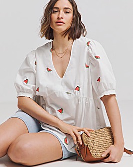 Ivory Poplin Watermelon Embroidered Puff Sleeve Blouse