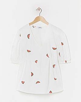 Simply Be Ivory Poplin Watermelon Embroidered Puff Sleeve Blouse