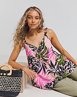 Palm Print Ruched Tie Detail Frill Strap Viscose Cami