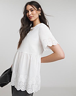 White Broderie Detail Jersey Mix Smock Blouse