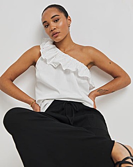 White Broderie Asymmetric Ruffle Poplin Blouse