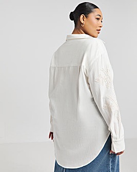 Ivory Embroidered Sleeve Relaxed Long Sleeve Shirt