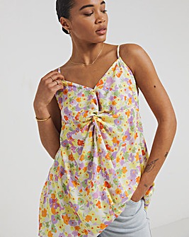 Floral Print Twist Front Cami With Bow Back