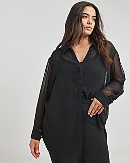 Black V Neck Sheer Shirt