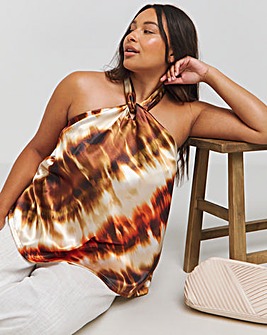 Tie Dye Print Halterneck Satin Blouse