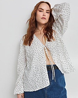 Spot Print Tie Front Long Sleeve Blouse