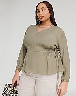 Khaki Plunge Elasticted Waist Long Sleeve Blouse