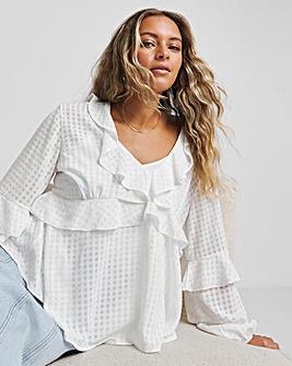 White Seersucker Check Ruffle Sleeve Boxy Blouse