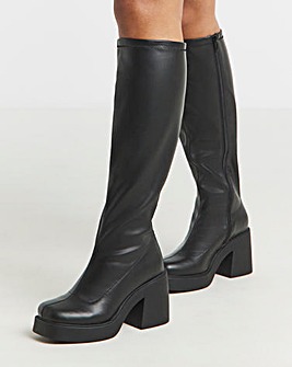 Charm Block Heel Stretch Sock Knee High Boots - Wide Fit (E) & Curvy Calf