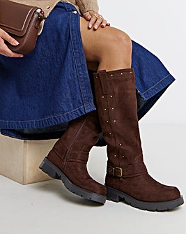 Zoey Studded Knee High Biker Boots - Extra Wide Fit (EEE) & Super Curvy Calf