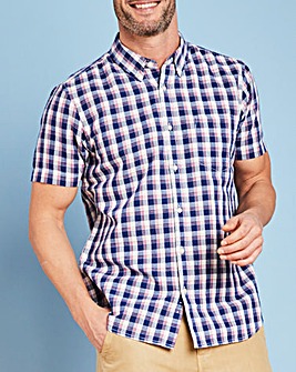 W&B Blue Check Short Sleeve Linen Mix Shirt Regular