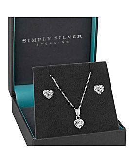 Sterling Silver Cubic Zirconia Pave Heart Jewellery Set