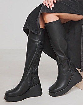 Pax Wedge Knee High Boots With Quilting Detail Extra Wide EEE Fit Curvy Calf