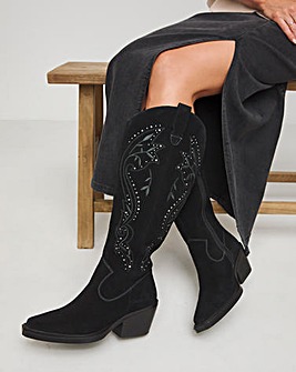 Venus Suede Embroidered Knee High Western Boots Wide E Fit Curvy Calf