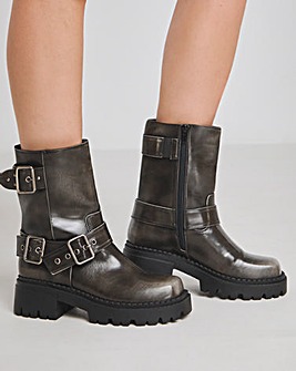 Stevie Multi Buckle Chunky Ankle Biker Boots Wide E Fit