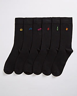 6 Pack Black Food Embroidery Socks