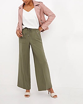 Pull On Khaki Lyocell Wide Leg with Pocket Zip Features