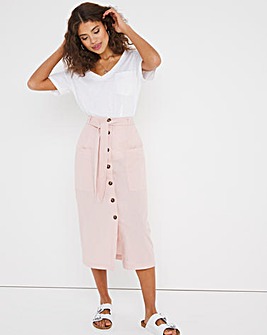 Washed Linen Mix Belted Midi Skirt