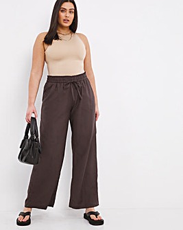 Chocolate Pull On Linen Mix Wide Leg Trouser