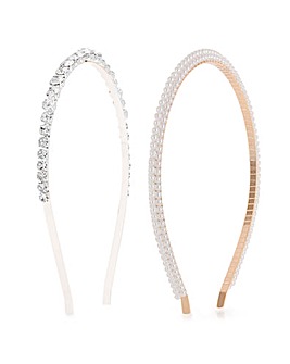 Two Tone Plated Crystal And Pearl Headbands - Pack of 2