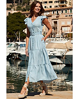 Sosandar Light Wash Ruffle Sleeve Tiered Hem Midi Dress