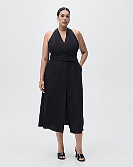MANGO COLLARED BELTED MIDI DRESS